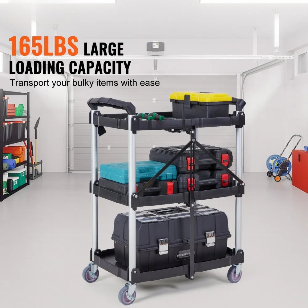 3-Tier Folding Utility Cart | Heavy-Duty 165 lbs Capacity, Portable, Lockable Wheels & No Assembly Rolling Service Cart
