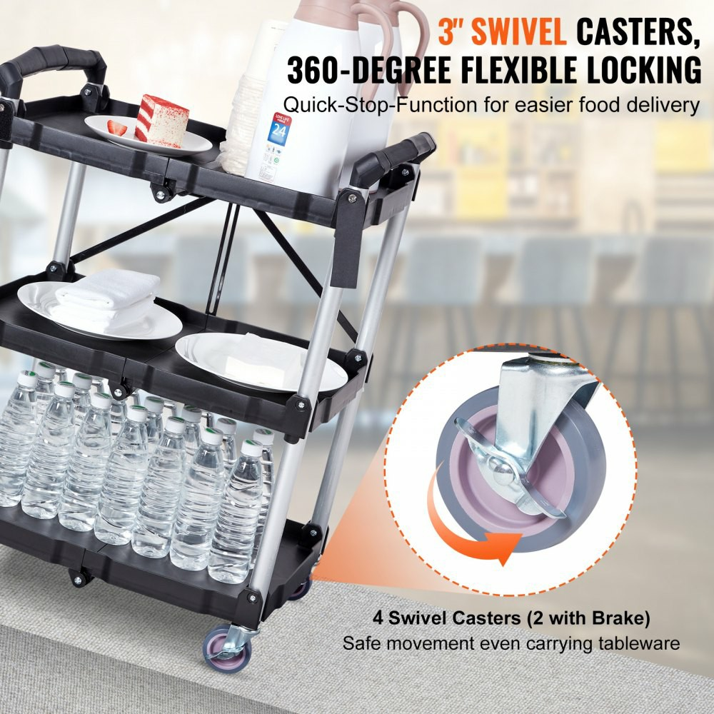 3-Tier Folding Utility Cart | Heavy-Duty 165 lbs Capacity, Portable, Lockable Wheels & No Assembly Rolling Service Cart