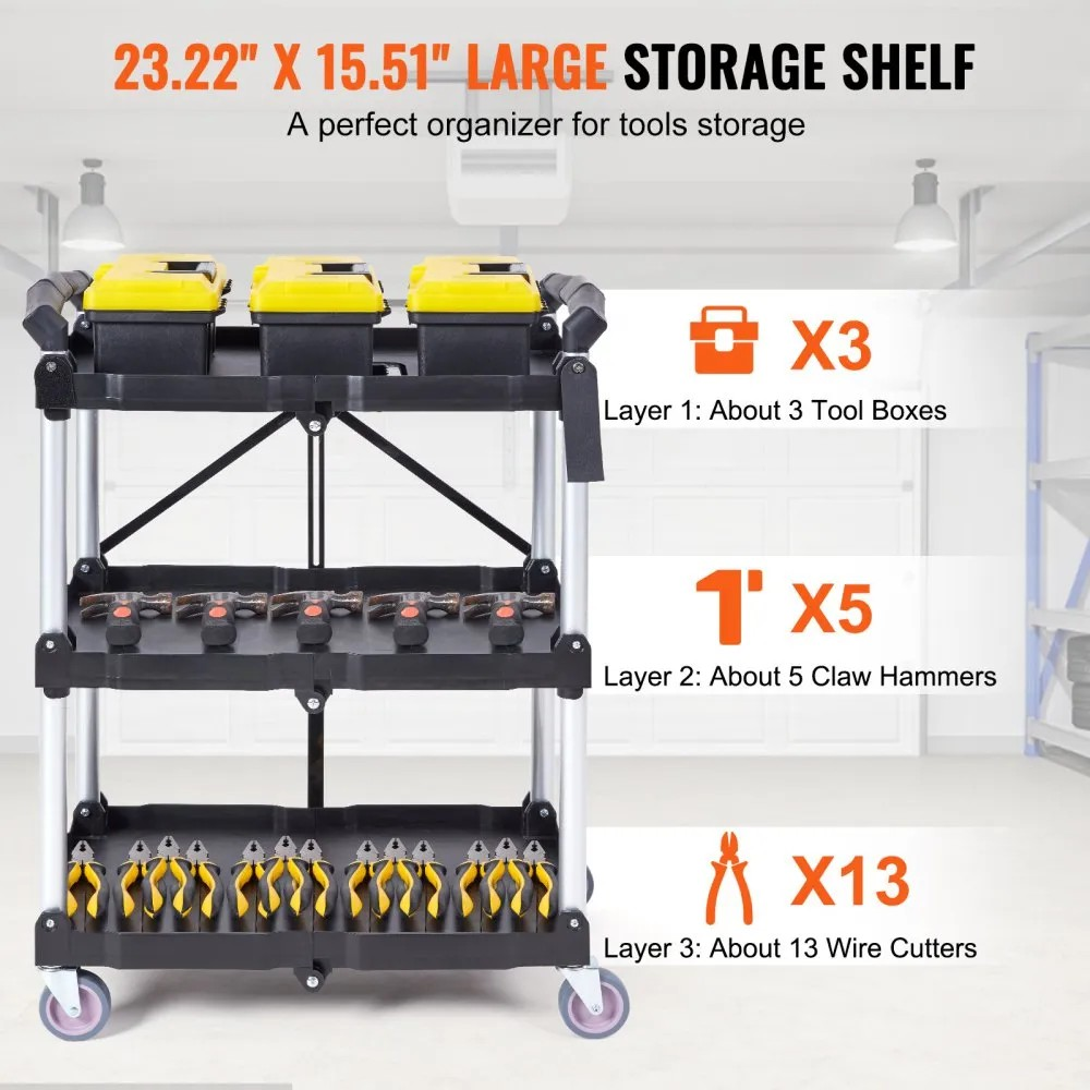 3-Tier Folding Utility Cart | Heavy-Duty 165 lbs Capacity, Portable, Lockable Wheels & No Assembly Rolling Service Cart