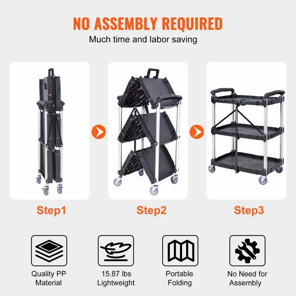 3-Tier Folding Utility Cart | Heavy-Duty 165 lbs Capacity, Portable, Lockable Wheels & No Assembly Rolling Service Cart