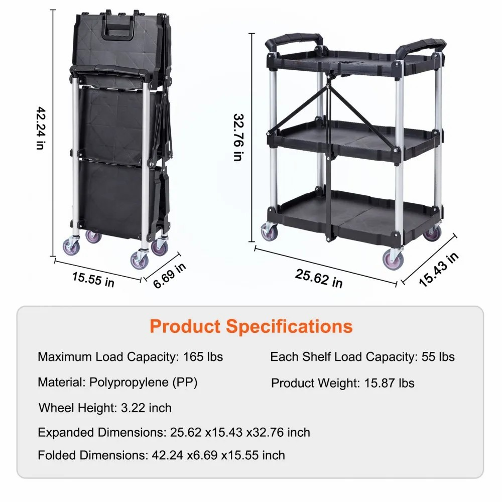 3-Tier Folding Utility Cart | Heavy-Duty 165 lbs Capacity, Portable, Lockable Wheels & No Assembly Rolling Service Cart