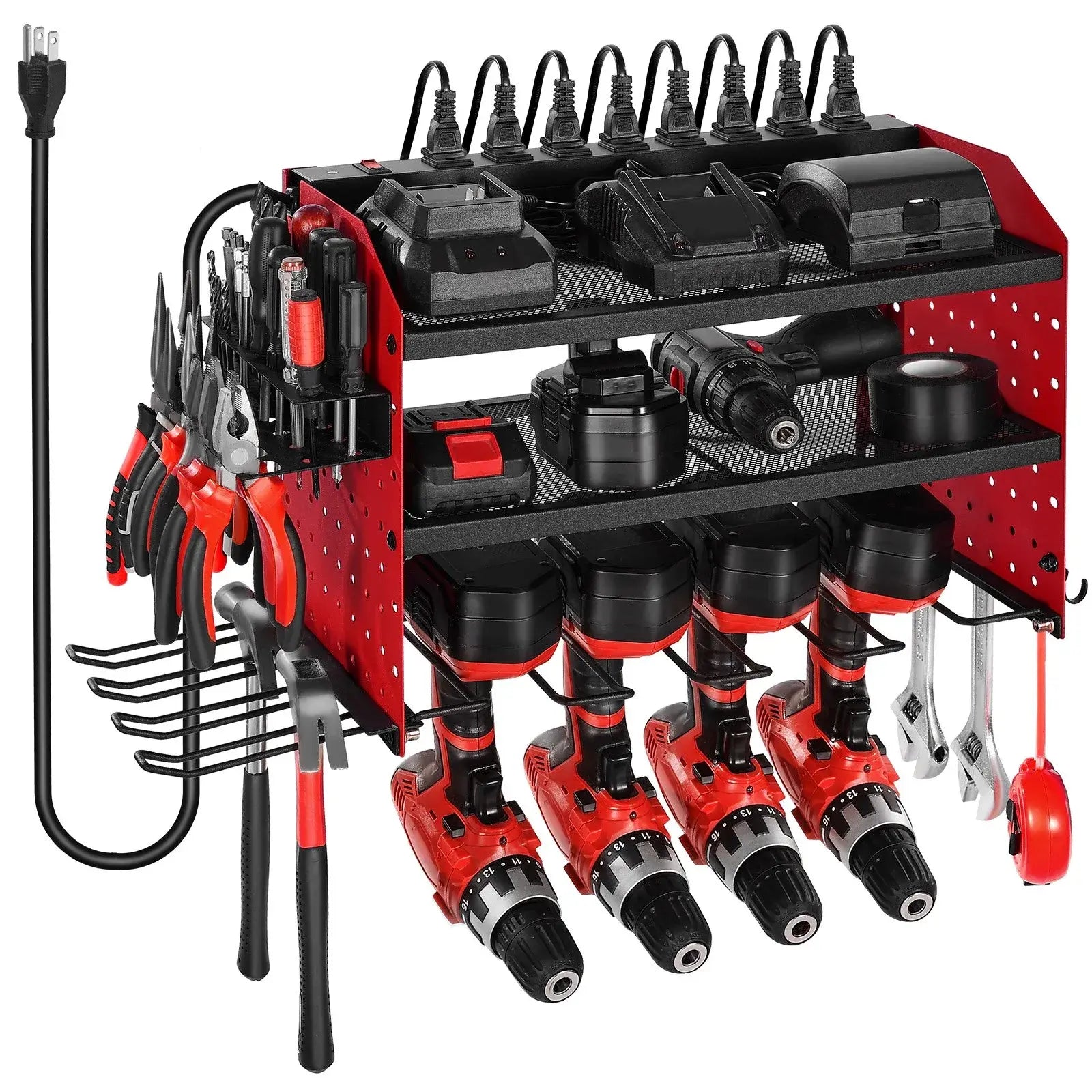 Wall-Mounted Power Tool Organizer with Charging Station | 3-Tier Rack, 8 Outlets, Drill Holder & Pegboard Storage (100 lbs Capacity)