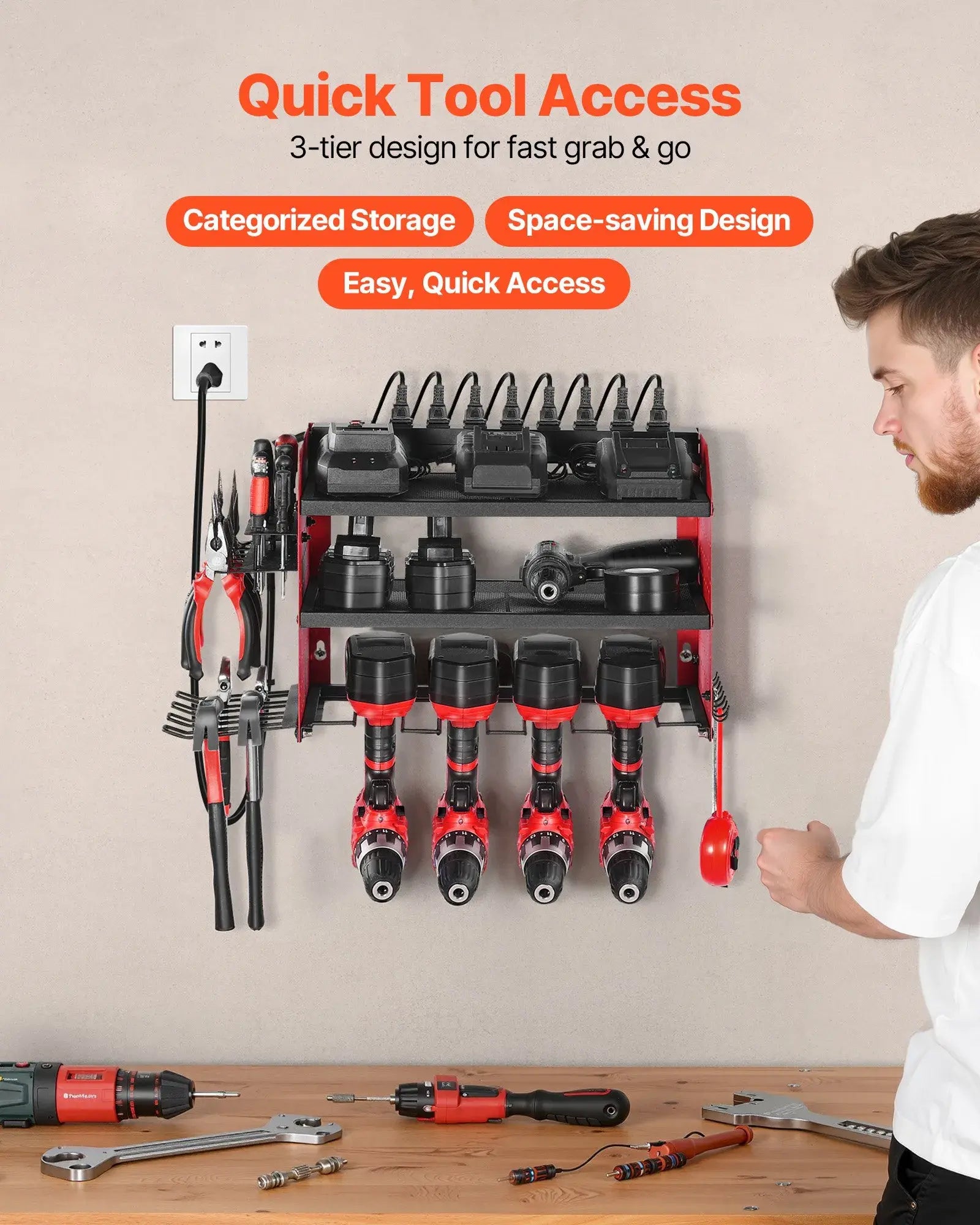 Wall-Mounted Power Tool Organizer with Charging Station | 3-Tier Rack, 8 Outlets, Drill Holder & Pegboard Storage (100 lbs Capacity)