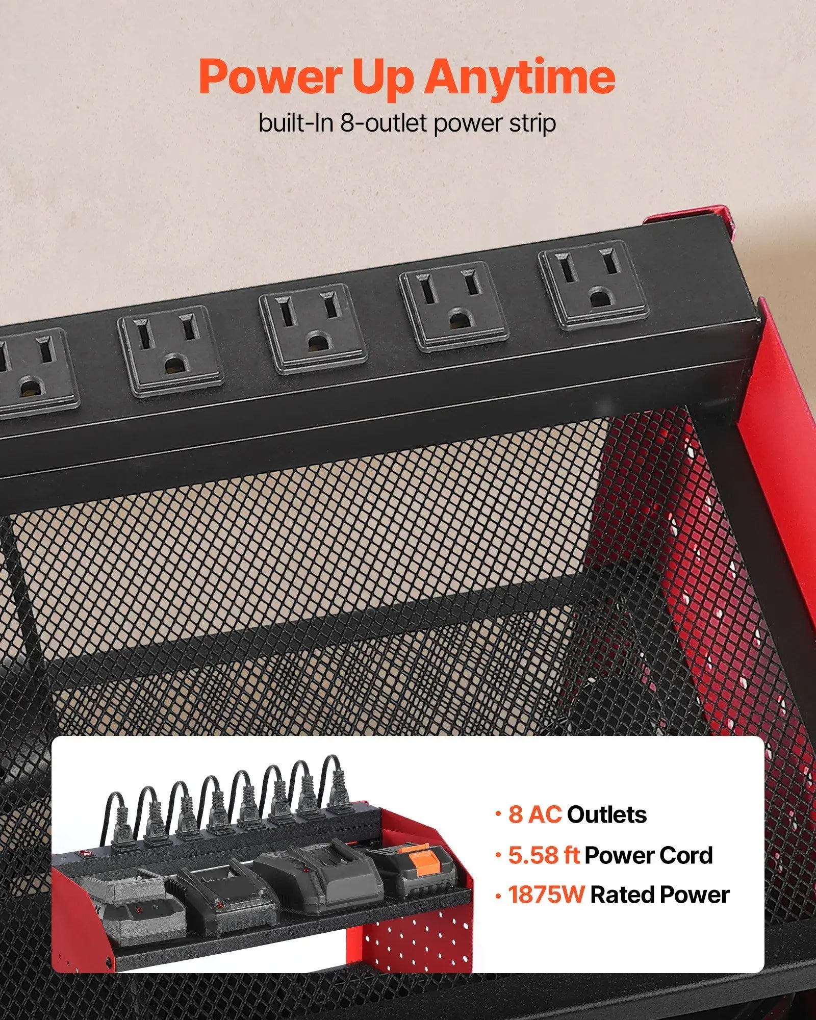 Wall-Mounted Power Tool Organizer with Charging Station | 3-Tier Rack, 8 Outlets, Drill Holder & Pegboard Storage (100 lbs Capacity)