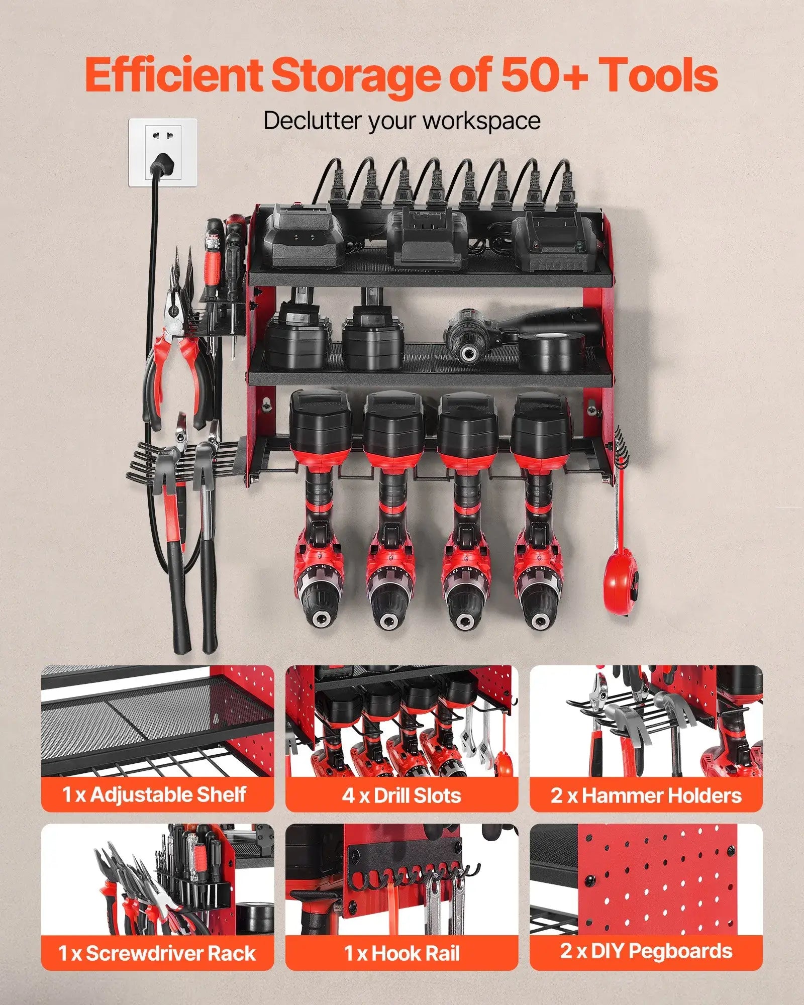Wall-Mounted Power Tool Organizer with Charging Station | 3-Tier Rack, 8 Outlets, Drill Holder & Pegboard Storage (100 lbs Capacity)