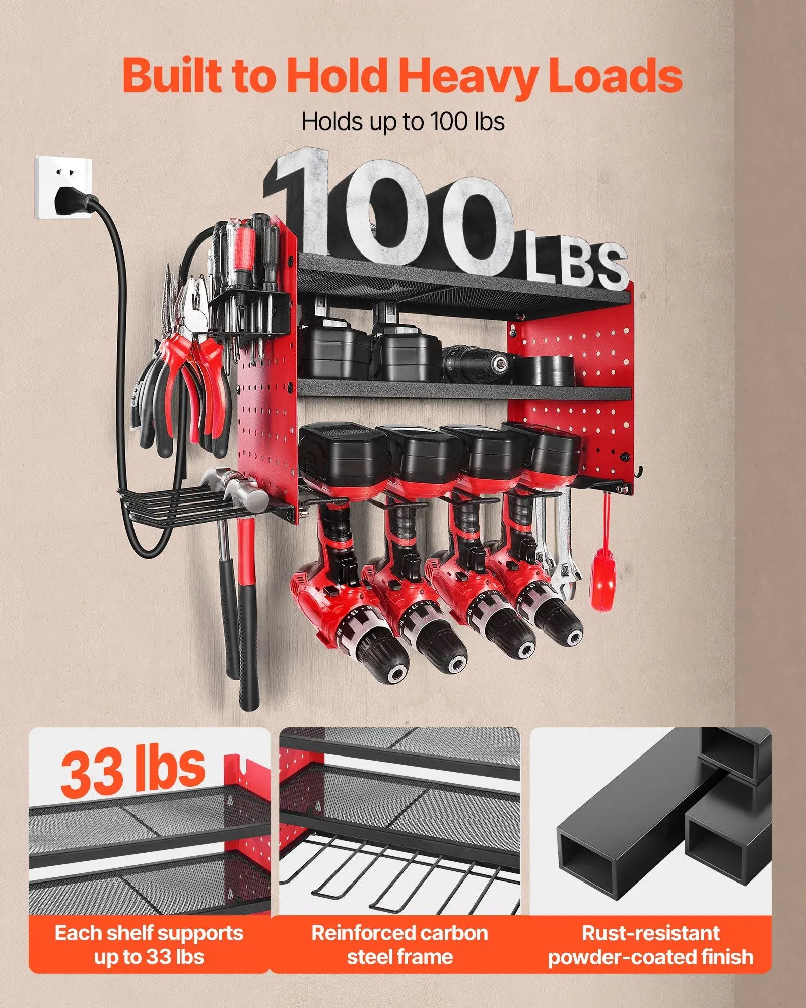 Wall-Mounted Power Tool Organizer with Charging Station | 3-Tier Rack, 8 Outlets, Drill Holder & Pegboard Storage (100 lbs Capacity)