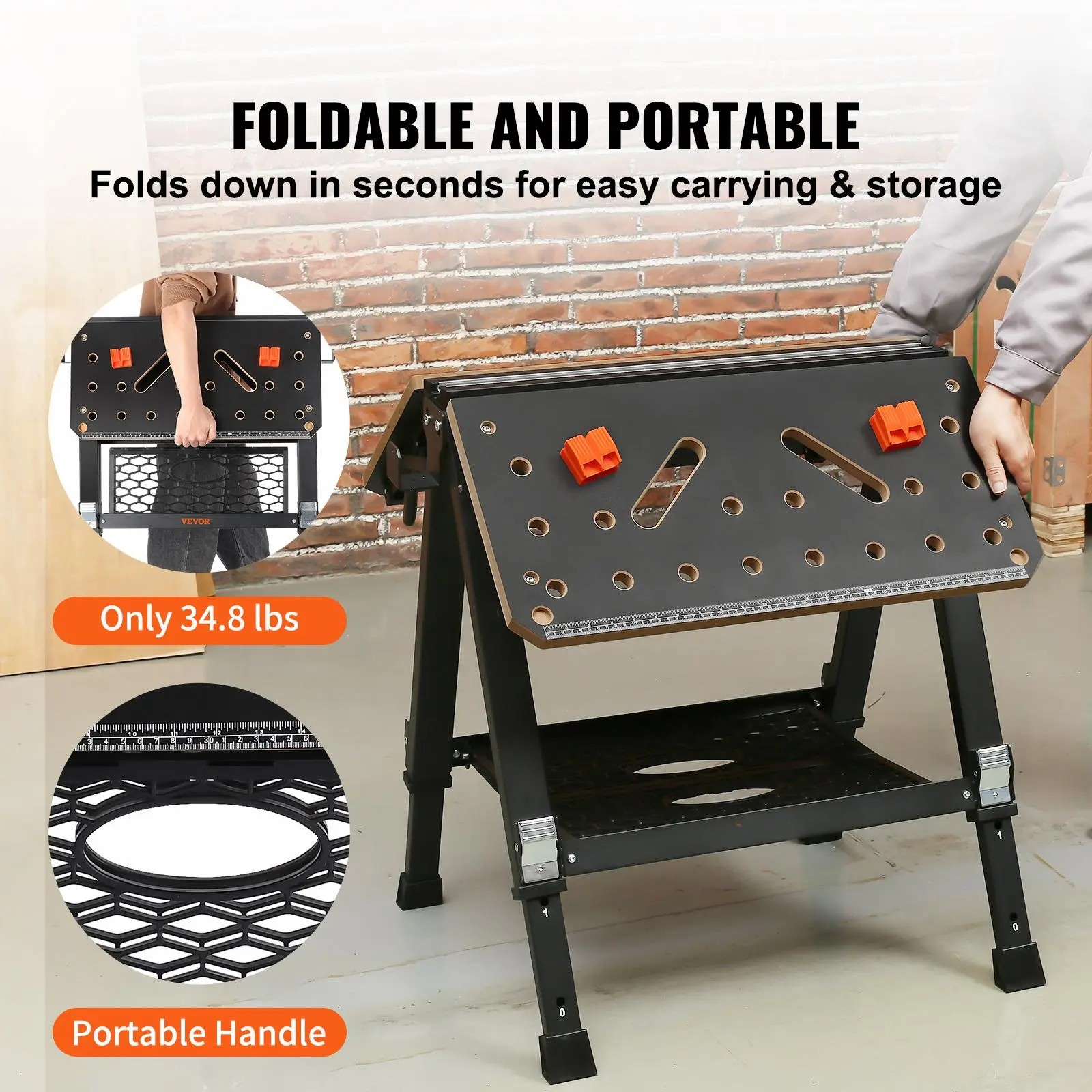 2-in-1 Folding Workbench & Sawhorse | Adjustable Height, 1000 lbs Capacity, Portable Heavy-Duty Work Table with Clamps