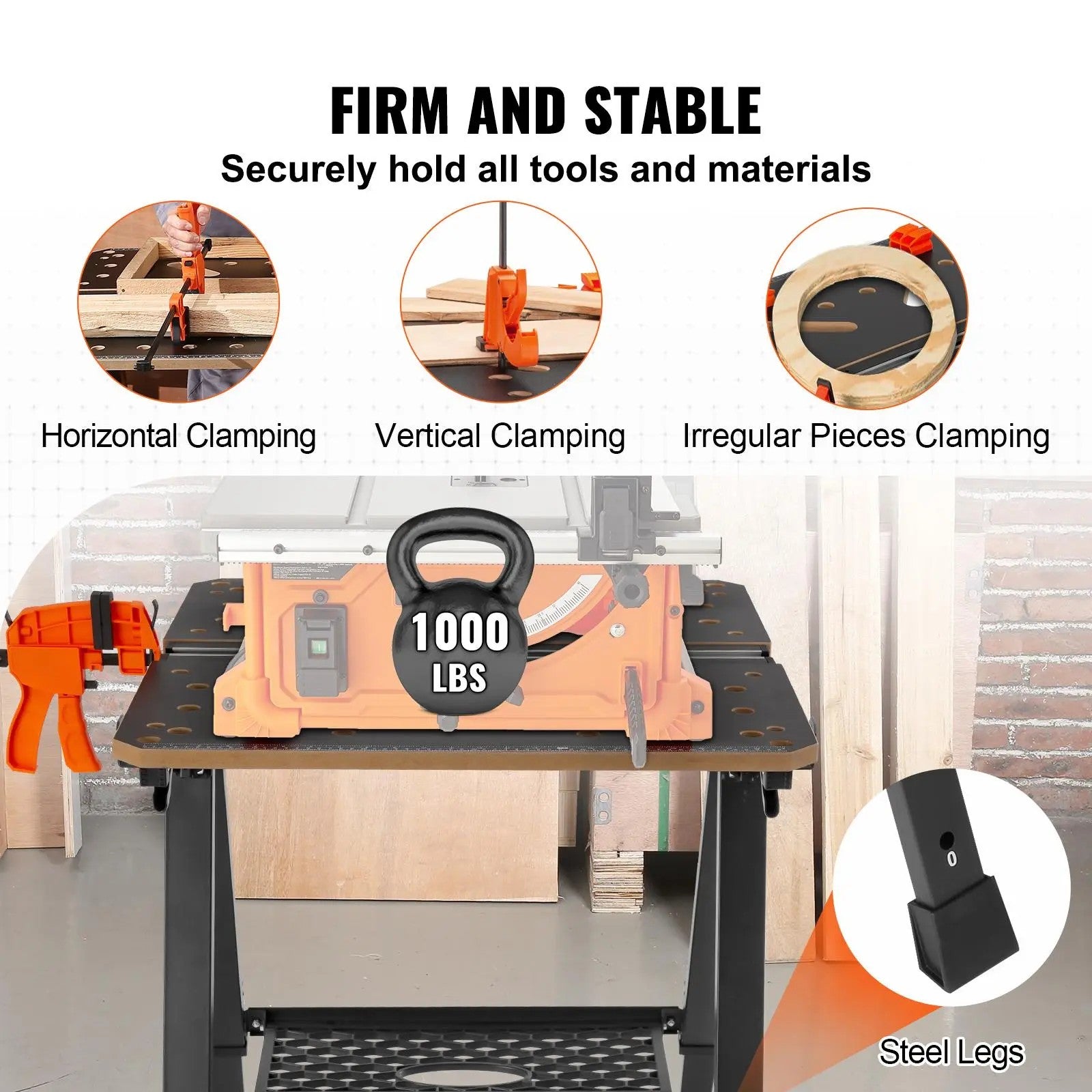 2-in-1 Folding Workbench & Sawhorse | Adjustable Height, 1000 lbs Capacity, Portable Heavy-Duty Work Table with Clamps