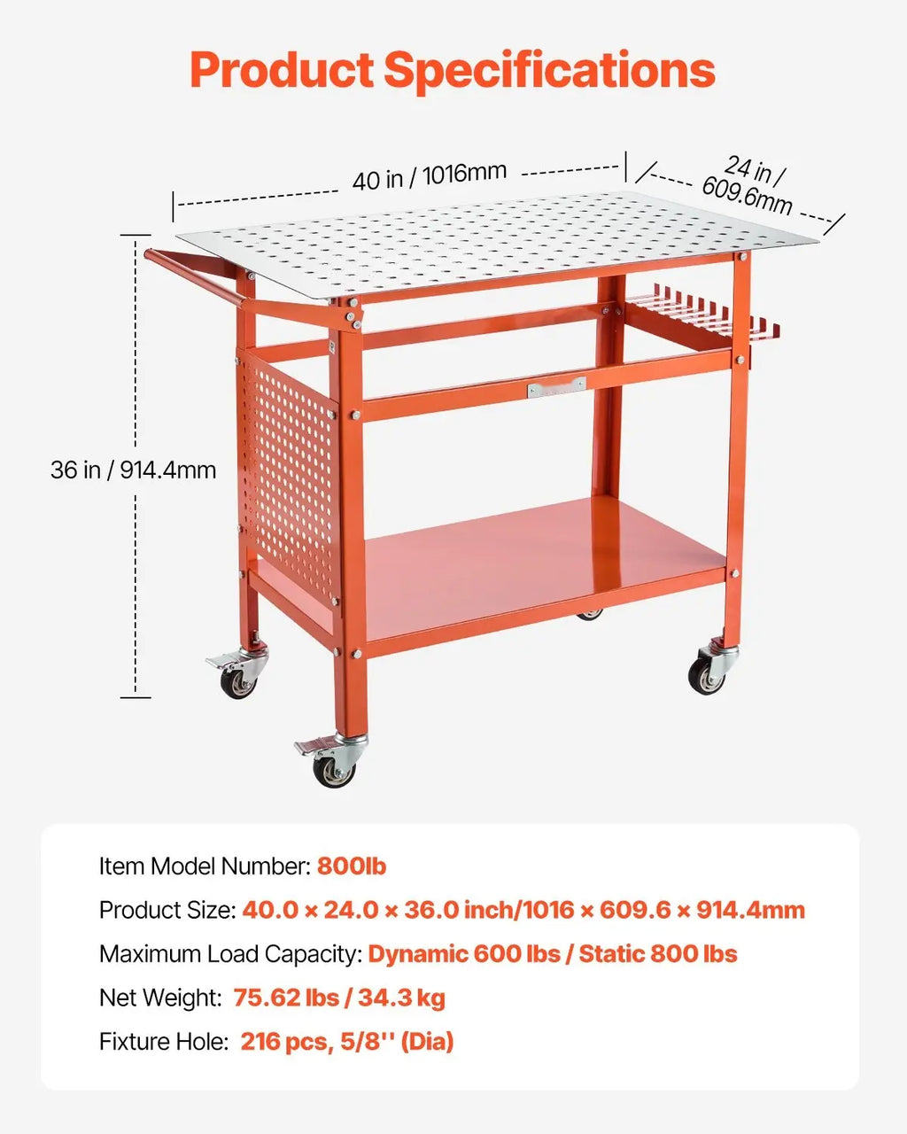 Heavy-Duty Welding Table with Wheels | 800 lbs Capacity, 40" x 24" Workbench, Clamp Holes & Tool Storage Rack